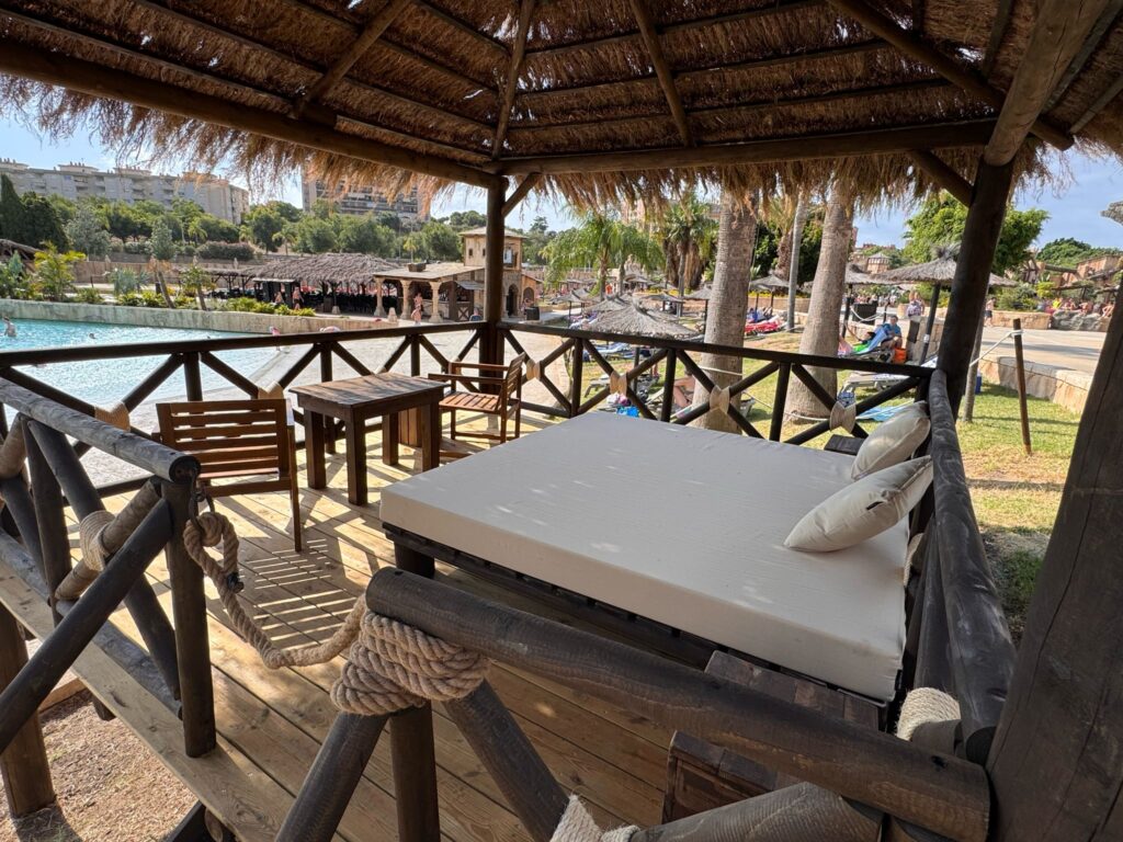 Interior view of a Balinese cabana at Aqualand Torremolinos